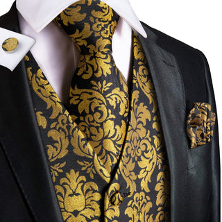 Luxury Black Golden Floral Jacquard Silk Men's Vest Pocket Square Cufflinks Tie Set Waistcoat Suit Set