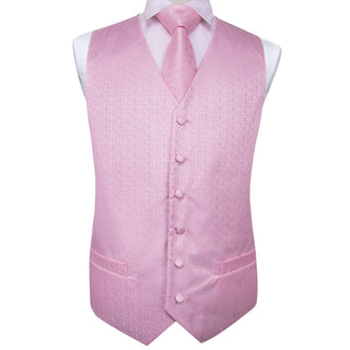 Peach Pink Floral Paisley Jacquard Silk Men's Vest Pocket Square Cufflinks Tie Set Waistcoat Suit Set