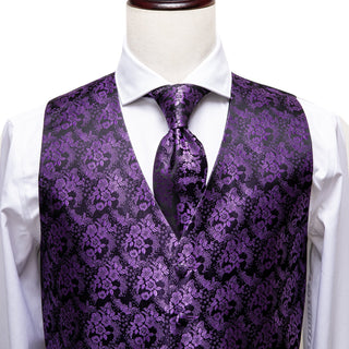 Purple Black Floral Silk Men's Vest Pocket Square Cufflinks Tie Set Waistcoat Suit Set