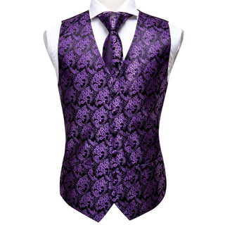 Purple Black Floral Silk Men's Vest Pocket Square Cufflinks Tie Set Waistcoat Suit Set