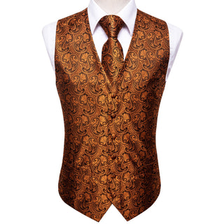 Pure Brown Paisley Men's Vest Tie Pocket Square Cufflinks Set Waistcoat Suit Set
