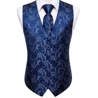 Fashion Navy Blue Paisley Men's Vest Tie Pocket Square Cufflinks Set Waistcoat Suit Set