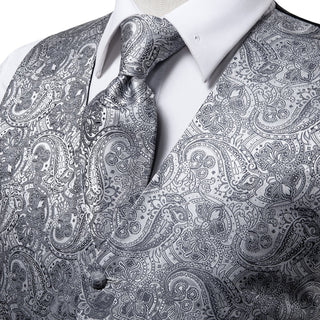 Silver Grey Paisley Silk Men's Vest Pocket Square Cufflinks Tie Set Waistcoat Suit Set