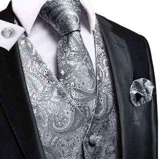 Silver Grey Paisley Silk Men's Vest Pocket Square Cufflinks Tie Set Waistcoat Suit Set