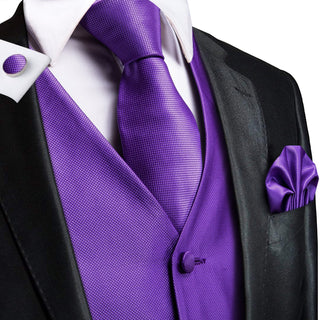 Purple Plaid Silk Men's Vest Pocket Square Cufflinks Tie Set Waistcoat Suit Set