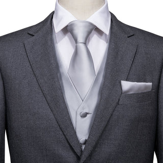 Classic Silver Grey Solid Jacquard Silk Vest Pocket Square Cufflinks Tie Set Waistcoat Suit Set