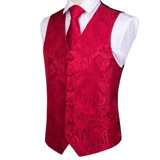 Luxury Red Paisley Jacquard Silk Men's Vest Pocket Square Cufflinks Tie Set Waistcoat Suit Set