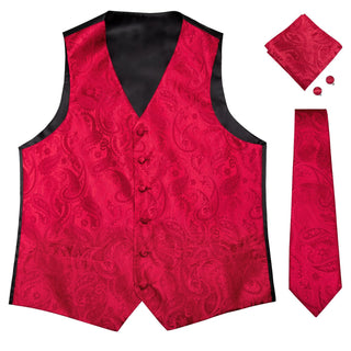 Luxury Red Paisley Jacquard Silk Men's Vest Pocket Square Cufflinks Tie Set Waistcoat Suit Set