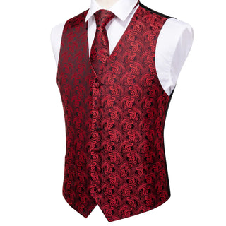 Luxury Black Red Paisley Jacquard Silk Men's Vest Pocket Square Cufflinks Tie Set Waistcoat Suit Set