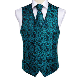 New Mint Green Paisley Silk Men's Vest Pocket Square Cufflinks Tie Set Waistcoat Suit Set