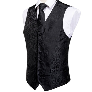 Luxury Solid Black Paisley Jacquard Silk Men's Vest Pocket Square Cufflinks Tie Set Waistcoat Suit Set
