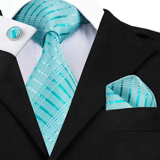 Blue Jacquard Stripe Silk Men's Necktie Pocket Square Cufflinks Set