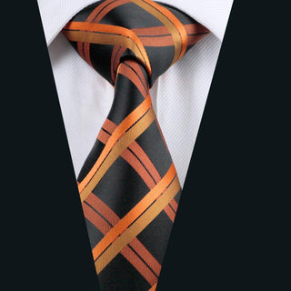 Orange Black Plaid Silk Necktie Pocket Square Cufflinks Set