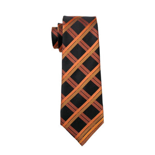 Orange Black Plaid Silk Necktie Pocket Square Cufflinks Set