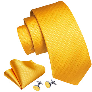 Solid Yellow Striped Silk Necktie Pocket Square Cufflinks Set