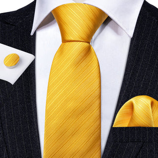 Solid Yellow Striped Silk Necktie Pocket Square Cufflinks Set