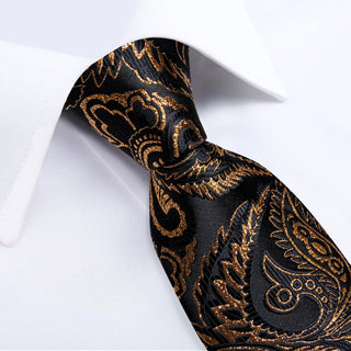 Luxury Black Golden Paisley Silk Necktie Pocket Square Cufflinks Set