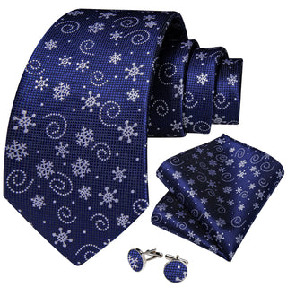 Solid Blue Snowflake Christmas Silk Necktie Pocket Square Cufflinks Set