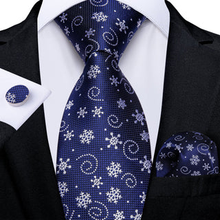 Solid Blue Snowflake Christmas Silk Necktie Pocket Square Cufflinks Set
