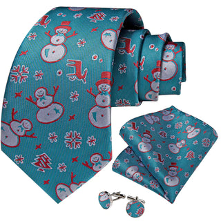 Christmas Snowman Blue Silk Necktie Pocket Square Cufflinks Set