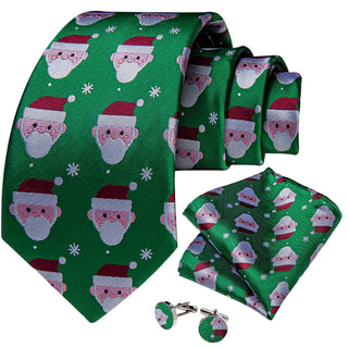 Green Solid Santa Claus Christmas Silk Necktie Pocket Square Cufflinks Set