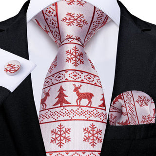 Christmas Red Elk Snowflake Tree Silk Necktie Pocket Square Cufflinks Set