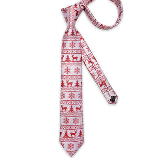 Christmas Red Elk Snowflake Tree Silk Necktie Pocket Square Cufflinks Set