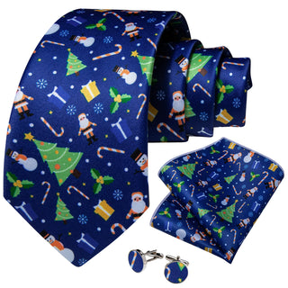 Christmas Blue Santa Novelty Silk Necktie Pocket Square Cufflinks Set