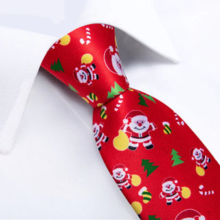 Christmas Red Santa Novelty Silk Necktie Pocket Square Cufflinks Set