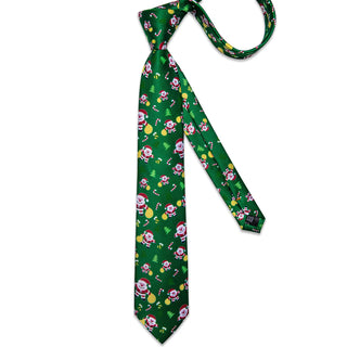 Christmas Green Santa Novelty Silk Necktie Pocket Square Cufflinks Set