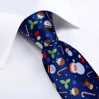 Christmas Blue Cartoon Novelty Silk Necktie Pocket Square Cufflinks Set