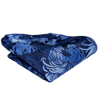 Navy Blue Floral Silk Necktie Pocket Square Cufflinks Set