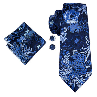 Navy Blue Floral Silk Necktie Pocket Square Cufflinks Set