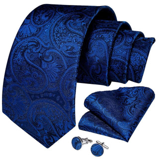 New Blue Paisley Silk Necktie Pocket Square Cufflinks Set