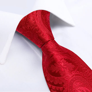 New Solid Red Paisley Silk Necktie Pocket Square Cufflinks Set