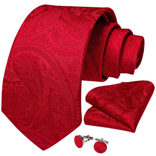 New Solid Red Paisley Silk Necktie Pocket Square Cufflinks Set