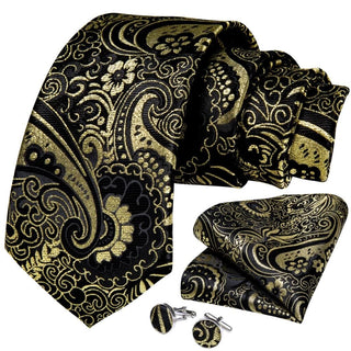 New Black Golden Striped Silk Necktie Pocket Square Cufflinks Set