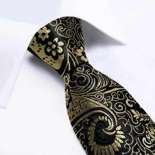 New Black Golden Striped Silk Necktie Pocket Square Cufflinks Set