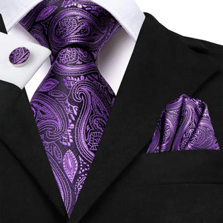 Purple Paisley Silk Men's Necktie Pocket Square Cufflinks Set
