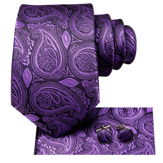 Purple Paisley Silk Men's Necktie Pocket Square Cufflinks Set