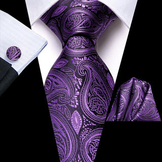 Purple Paisley Silk Men's Necktie Pocket Square Cufflinks Set