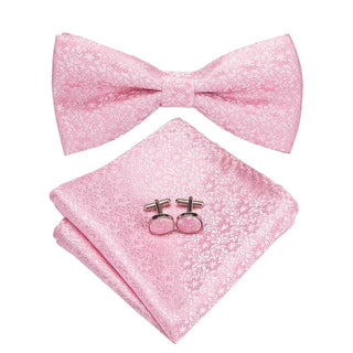 Silver Pink Floral Pre-tied Bow Tie Pocket Square Cufflinks Set