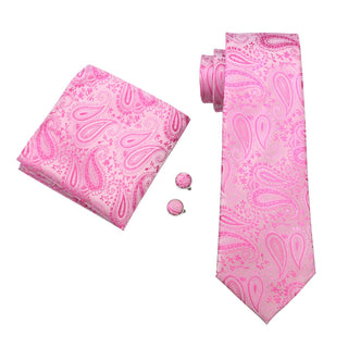 Pink Paisley Silk Men's Necktie Pocket Square Cufflinks Set
