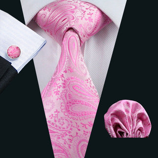 Pink Paisley Silk Men's Necktie Pocket Square Cufflinks Set