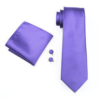 Solid Purple Silk Necktie Pocket Square Cufflinks Set