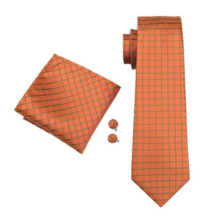 Orange Plaid Silk Necktie Pocket Square Cufflinks Set