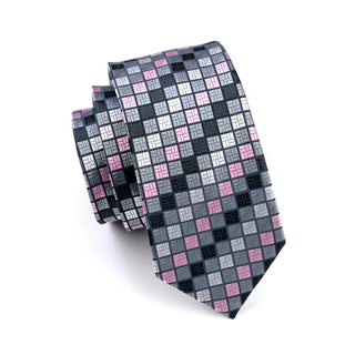 Pink Grey Plaid Novelty Pattern Silk Necktie Pocket Square Cufflinks Set