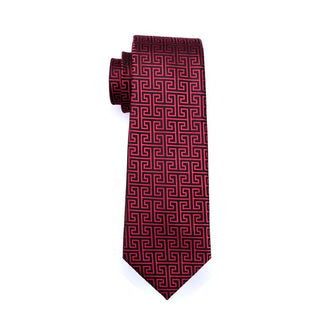 Red Black Novelty Pattern Silk Necktie Pocket Square Cufflinks Set