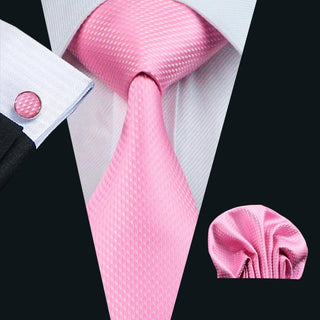 Solid Pink Novelty Pattern Silk Necktie Pocket Square Cufflinks Set
