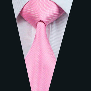 Solid Pink Novelty Pattern Silk Necktie Pocket Square Cufflinks Set